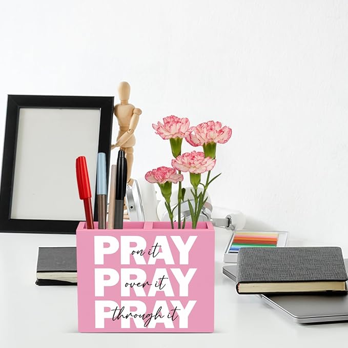 Pink Office Desk Decor Inspirational Christian Gifts for Women Men HR Manager Coworker Friend Employee Wooden Pencil Holder Boss Day Gifts Pray on it Wooden Sign Bible Verse Office Desk Decor