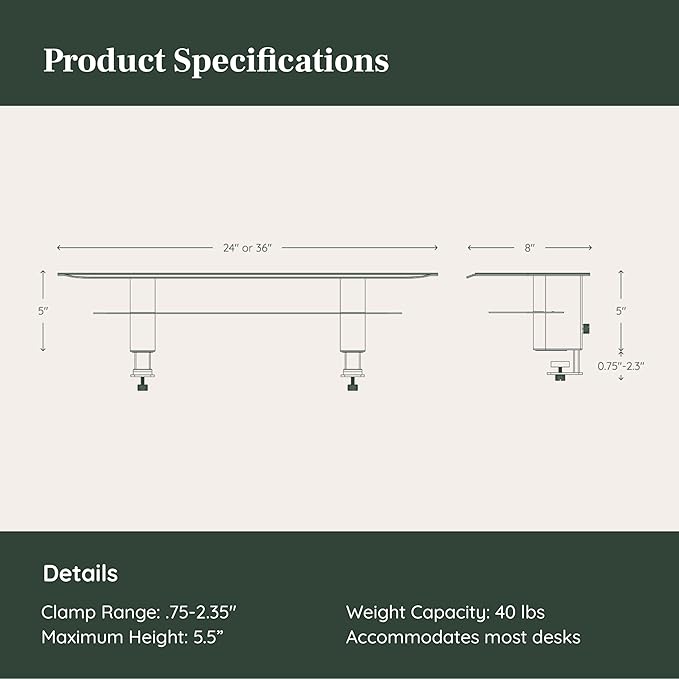 Branch Monitor Stand - Elegant, Durable Powder-Coated Steel Stand with Soft Felt Liner - Small Monitor Riser Second Tier Storage - Installs with a Universal Clamp for Ergonomic Workspace - Charcoal