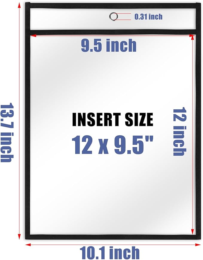 Heavy Duty Dry Erase Pockets 9x12, Job Ticket Holders 50 Pack Plastic Paper Sleeves Sheet Protectors 8.5 x 11 Clear Document Sleeves for Shop Office Classroom Home, Black