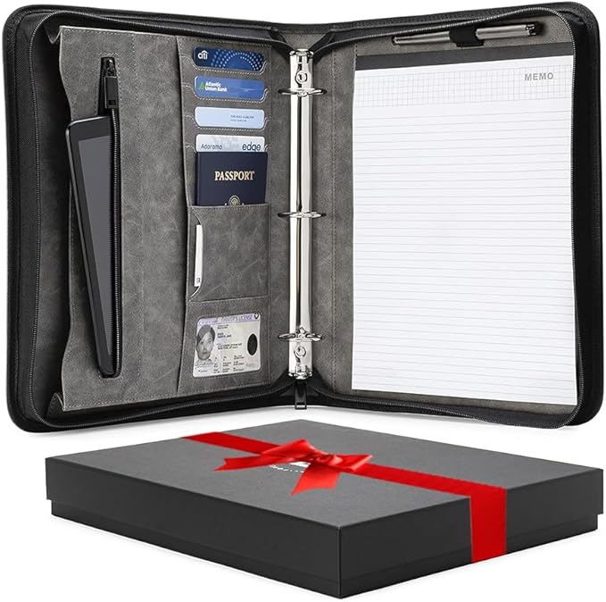 Forevermore Portfolios Portfolio Organizer - 1.5" 3 Ring Binder with Notepad - Zippered Storage Pouch for Papers, Travel Documents, Presentation Folder with Pockets for Card, Passport, Tickets - Gray