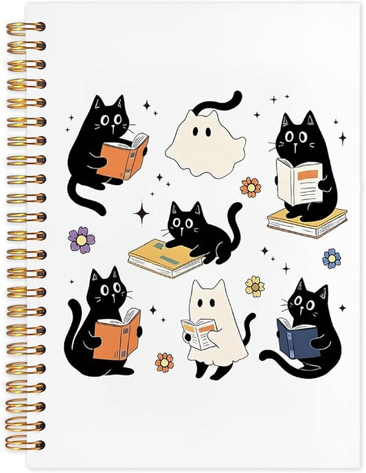 WUCHJ Halloween Ghost Black Cat Notebook, Cat Reading Journal for Book Lovers, Spooky Ghost Bookish Spiral Notebook Journal for Note Taking, Book Lover Gifts, Halloween Office Supplies, 5.5x8.3 Inch