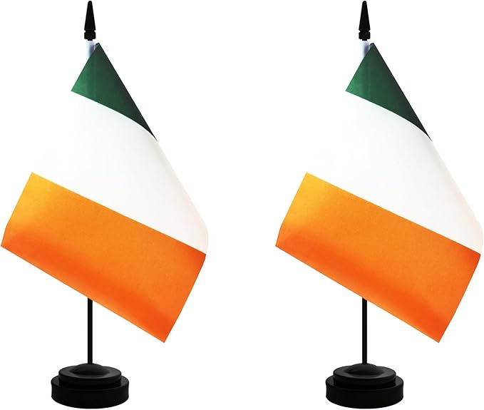2 Pack Ireland Desk Flag, Irish Table Office Flag with Solid Pole and Stand Base, International Country Flag, Festival Celebration, Classroom Meeting Desktop Decoration (Ireland)