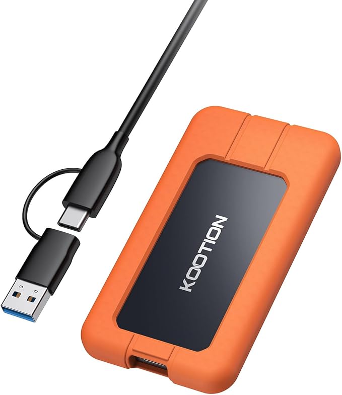 KOOTION 512GB Portable SSD USB 3.2 External SSD USB-C Up to 2000MB/s USB 3.2 Gen 2x2 Portable Solid State Drive with Protective Case Shockproof Type-C External Solid State Drive, Orange