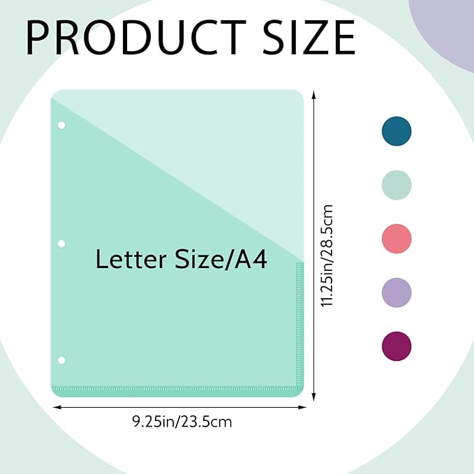 Maitys 50 Pack Binder Pockets 3 Hole Punch Clear Plastic Document Folders Binder Organizer Store Letter Size 8.5x11 Inch Paper Folders with Pockets Slash File Jacket for Office (Happy Color)