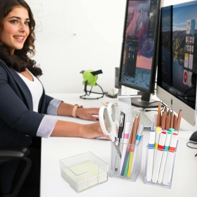 3 Pcs Acrylic Pen Pencil holder and Sticky Note Holder,Clear Desk Organizer,Desk Accessories for Office School Home