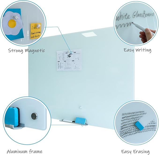 Glass Magnetic Dry Erase Board 60"x40" Frameless Wall Mounted Glass Whiteboard for Wall, Magnetic White glassboard 60"x40" for Office, Home & School