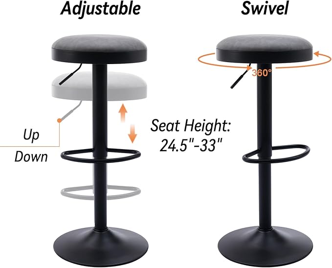 Round Swivel Counter Height Bar Stools Set of 4 Modern Adjustable Barstools Backless PU Leather Bar Chairs Industrial Island Chairs with Metal Base/Footrest for Kitchen Island/Pub/Bar, Grey