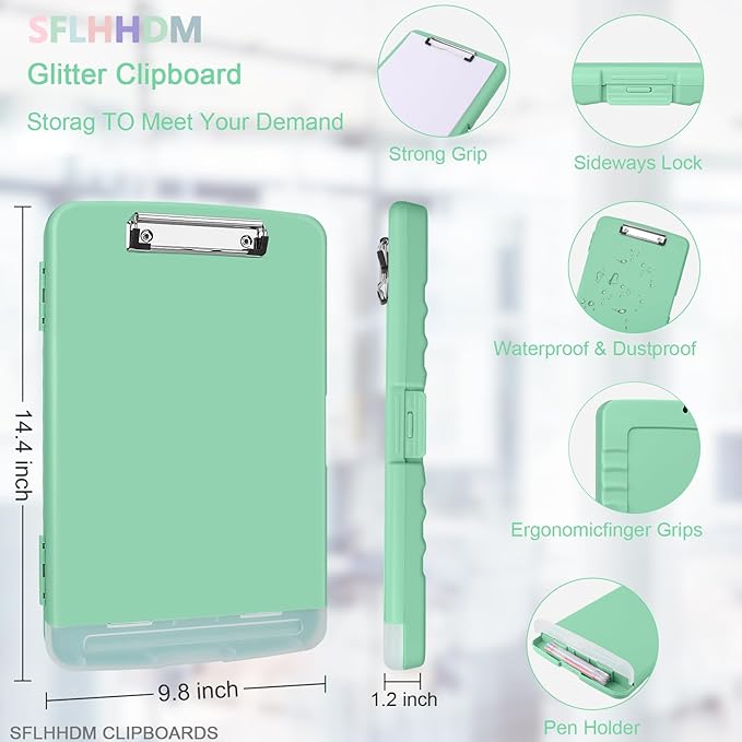 Clipboard with Storage,Storage Clipboard with Pen Holder, A4 Binder Clip Boards 8.5x11 with Low Profile Clip,Side Opening Nursing Clipboards, Clipboards Folder for Office Supplies-Grassy Green
