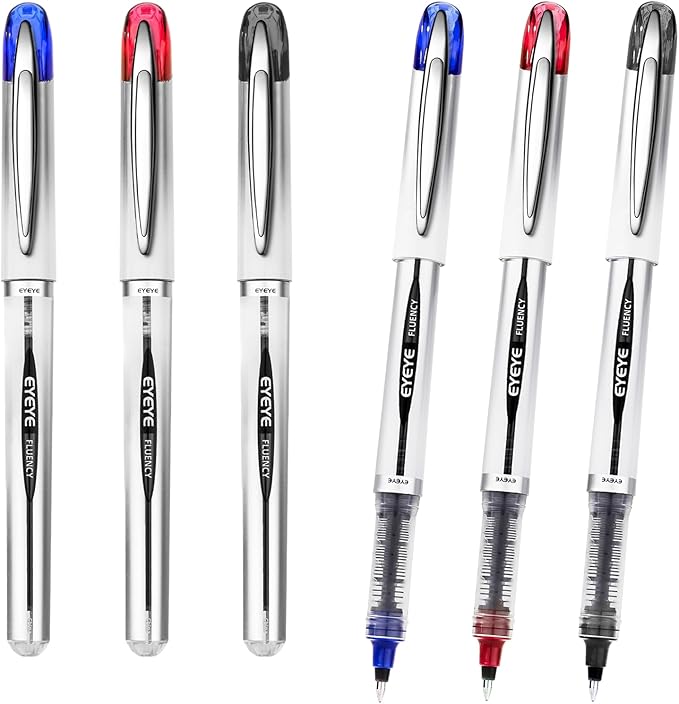 EYEYE Rollerball Pens Medium Point, 3 Assorted Colors 0.7mm Liquid Ink Roller Ball Pen Quick Dry, Ink Pen Fine Point Smooth Writing Pens for Journaling, Note Taking, Office, School Supplies