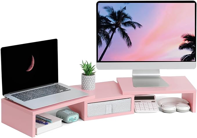 TEAMIX Pink Dual Monitor Stand Riser with Drawer - Length and Angle Adjustable Double Corner Desk Shelf Organizer 37 inch for 2 Laptop/PC/Screen/TV
