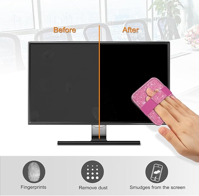 Fintie Screen Cleaning Pad, [4 Pack] Soft Cloth Wipes Screen Cleaner with Elastic Strap for iPad, iPhone, MacBook, Tablets, Laptop (Glitter Pink/Black)