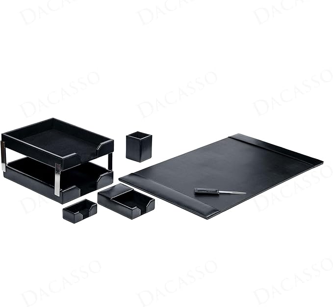 Dacasso Black Bonded Leather 8-Piece Desk Accessory Set - Organization Essentials & Executive Decor - Luxury Leather Blotter for Office Organization