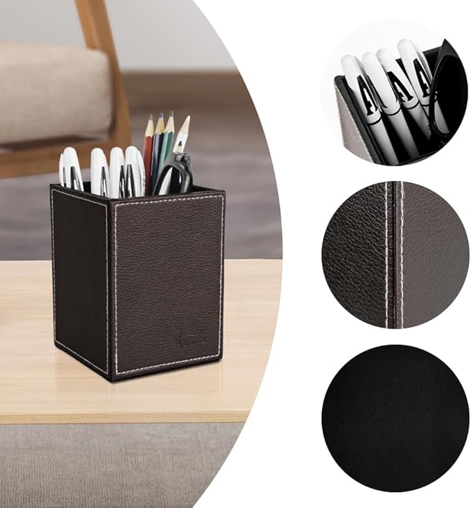 Pen Pencil Holder Cup Container PU Leather Desk Organizer Stand Decor Brush Scissor Holder Decoration Office Desk Home School