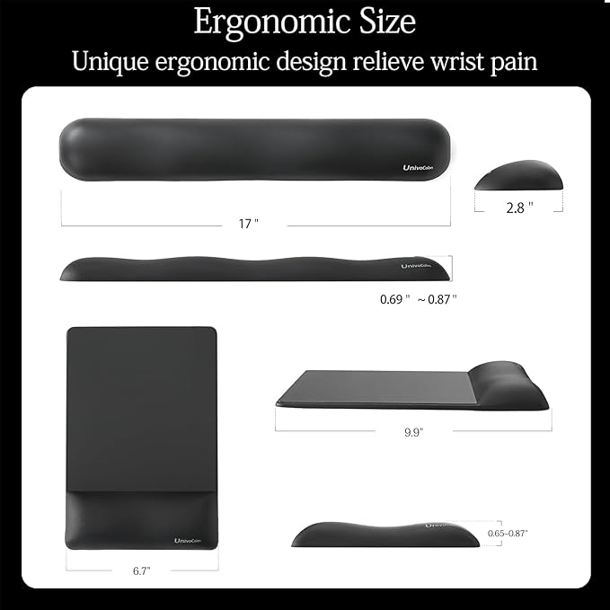 UnivoColors Design-Wave Set of Keyboad Wrist Rest & Mouce Pad,Artificial Sheepskin+Memory Foam+Ergonomic+Anti-Slip Gel, Resilience Support During Work and Gaming,Keyboard Accessory,Black