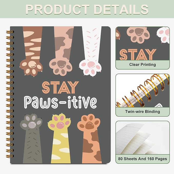 2 Pcs Cute Pet Spiral Notebook - Stay Pawsitive, Cats Claw Notebook College Ruled, Journaling for Work, Note Books Home College Office Supplies Gatos Cat Lover Gifts for Girls Teens Colleagues