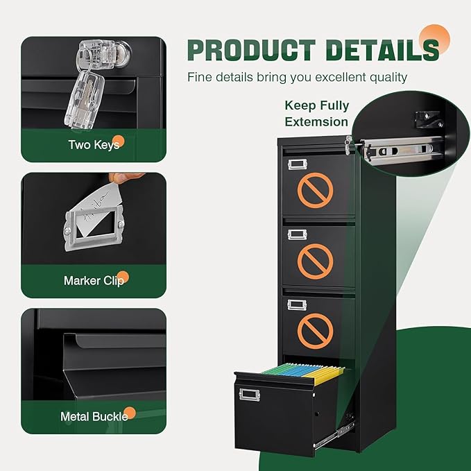 Letaya 4 Drawer File Cabinet with Lock,Metal Office Vertical Filing Cabinets for Home Office- Storage A4/F4/Letter/Legal -Assembly Required (Black)