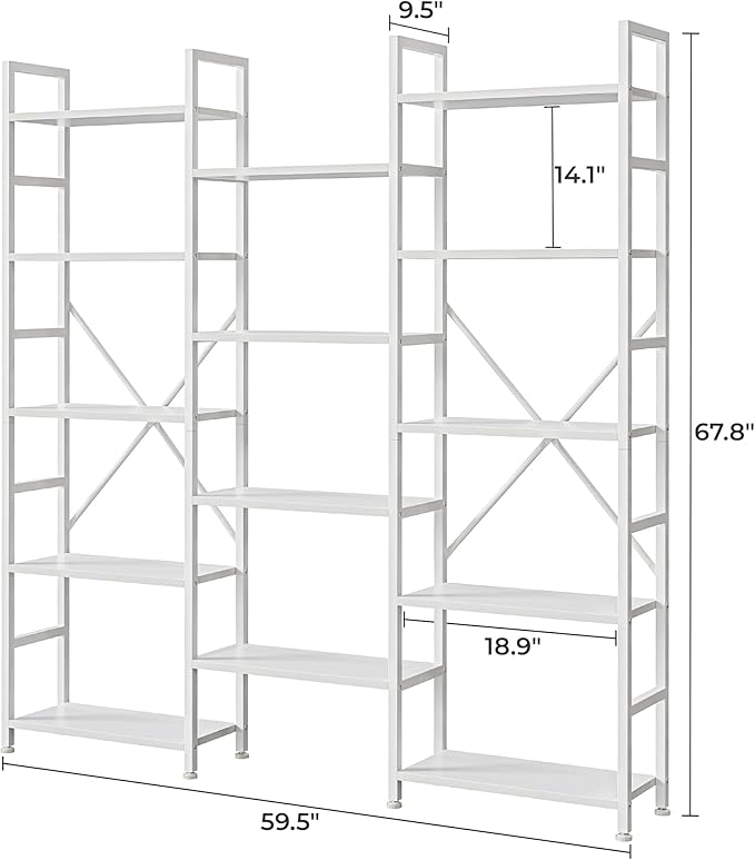 SUPERJARE Triple 5 Tier Bookshelf, Bookcase with 14 Open Display Shelves, Wide Book Shelf Book Case for Home & Office, White