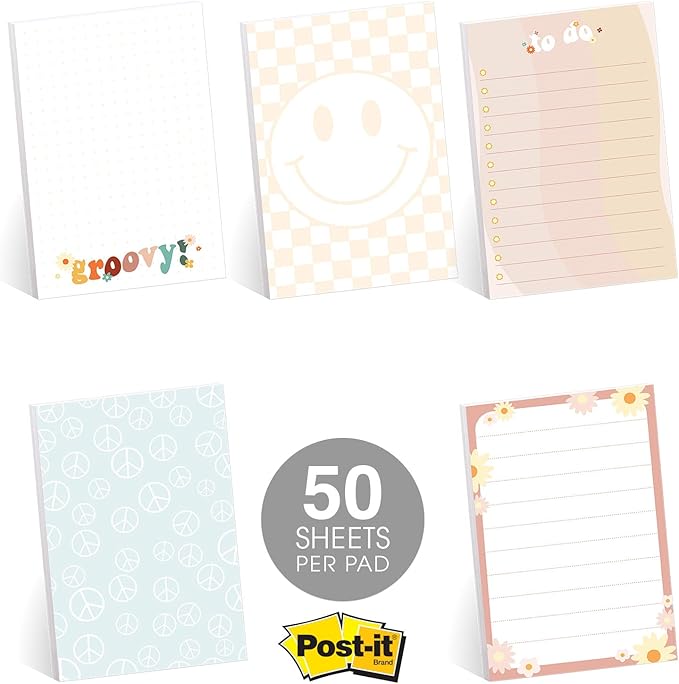 Retro Floral Sticky Note Pads / 4" x 6" Repositionable Checkered Smiley Face Sticky Notes / 5 Trendy Y2K Designs / 50 Sheets Per Pad Set of 5 / Made in USA