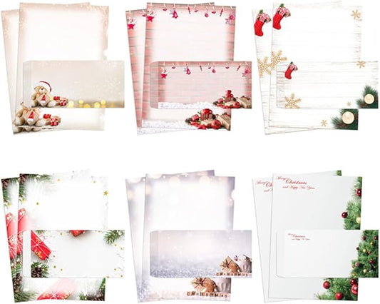 Christmas Stationary Set 6 Designs Stationary Paper and Envelopes Set, 48 Sheets Writing Stationery Paper + 24 Pieces Sealed Envelopes