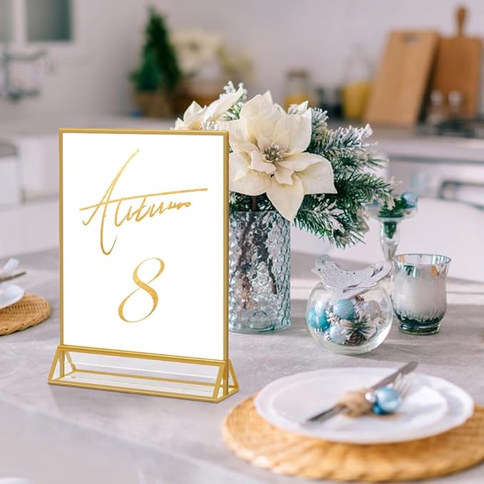 Acrylic Sign Holder 8.5X11 Double Sided Clear Display Stand, Gold Plastic Display Stand for Home Office Shop Restaurant (4pcs)