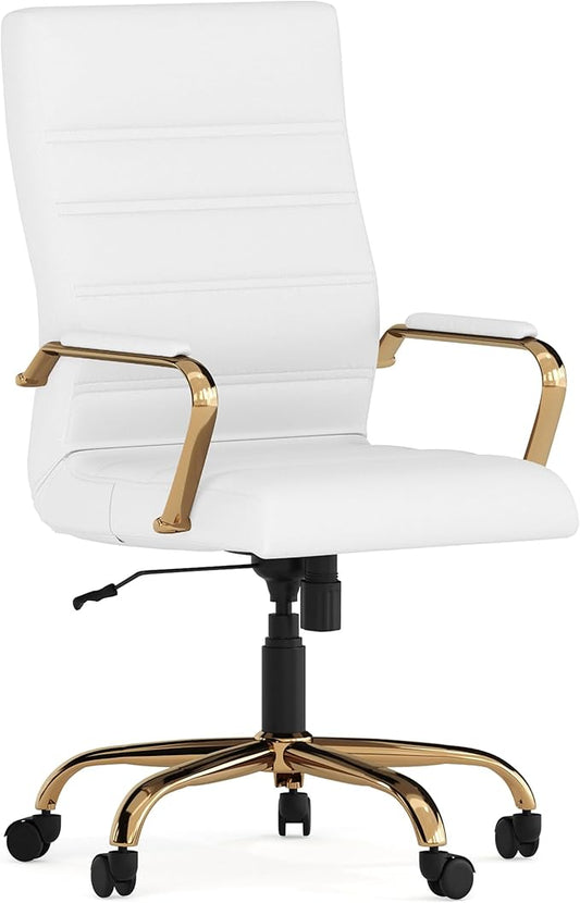 Flash Furniture Whitney Mid-Back Swivel LeatherSoft Desk Chair with Padded Seat and Armrests, Adjustable Height Padded Office Chair, 27"D x 26"W x 43"H, White/Gold