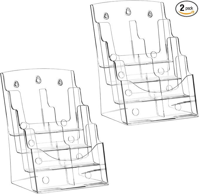 QWORK 2 Pack Acrylic Brochure Holder, 8.5 x 11 inch 4-Tier Literature Pamphlet Flyer Holder, Magazine Booklet Organizer Stand with Removable Divider