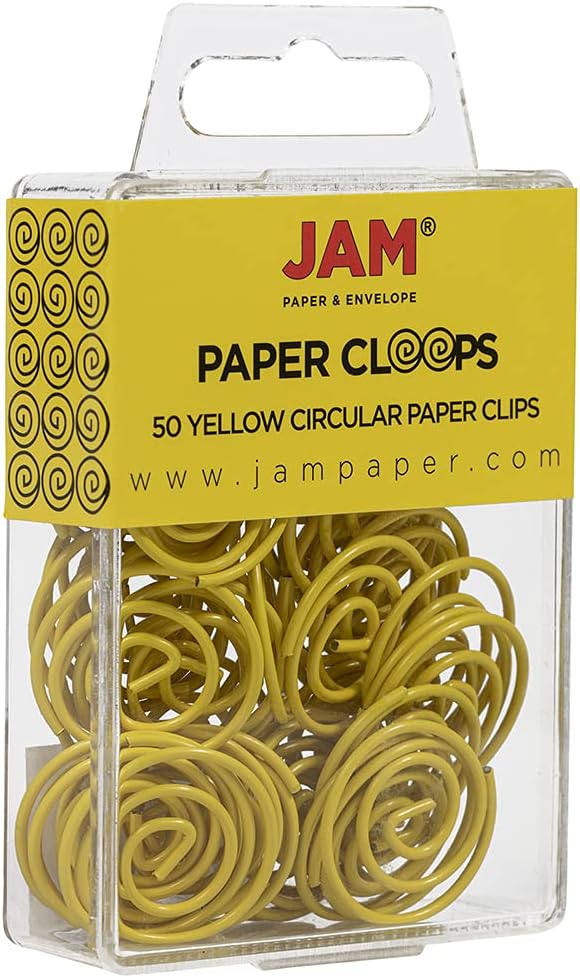 JAM PAPER Circular Paper Clips - Round Paperclips - Yellow - 50/Pack