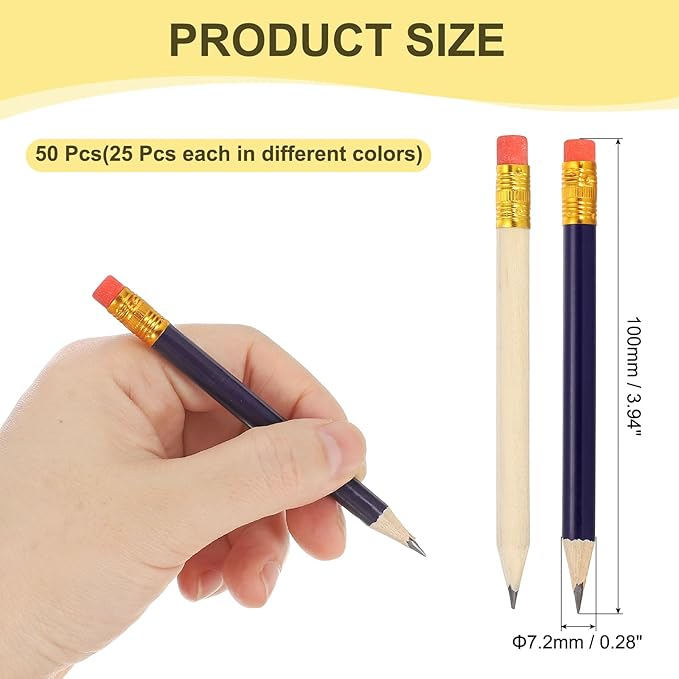 MECCANIXITY Golf Pencils with Erasers, 4" HB Mini Half Pencils Pre Sharpened Small Pens for Wedding Bridal Shower Game Office Writing Drawing(Wood Color/Dark Blue, Pack of 50)