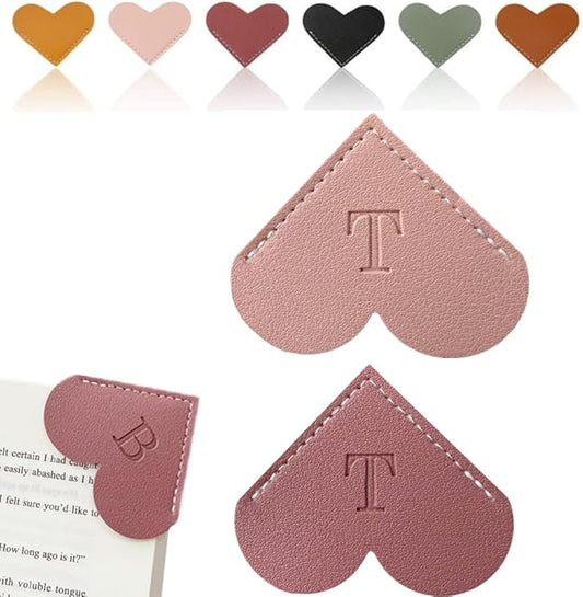 Personalized Leather Heart Bookmark, 26 Letters Customized Corner Book Mark for Reading Women, Book Marker with Initials，Cute Gifts (Light Pink+Deep Pink, T)
