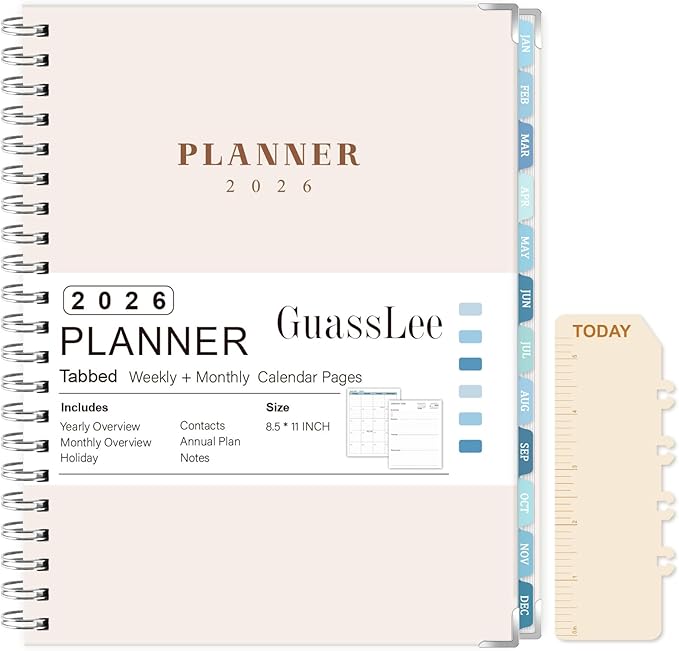 GuassLee Large 2026 Planner, Weekly and Monthly Planner from January 2026-December 2026, 8.5"x 11" Calendar Agenda Book with Back Pocket, Stickers for Home Office School Supplies, A4 Size, Khaki