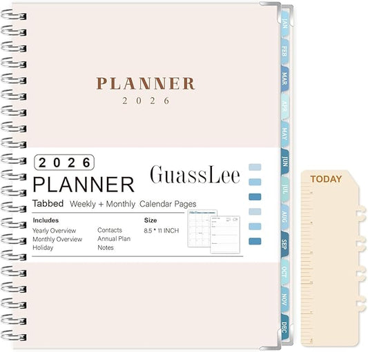GuassLee Large 2026 Planner, Weekly and Monthly Planner from January 2026-December 2026, 8.5"x 11" Calendar Agenda Book with Back Pocket, Stickers for Home Office School Supplies, A4 Size, Khaki