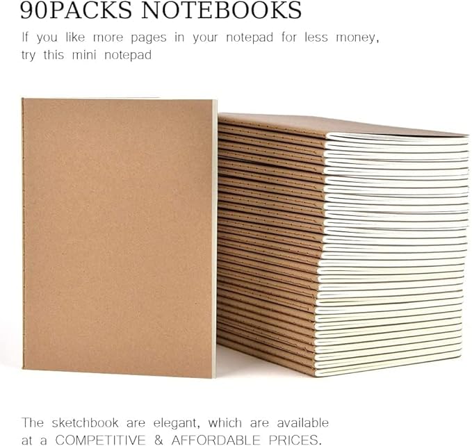 LIONSOUL 90 Pack A5 Blank Kraft Notebooks Bulk, Blank Paper Sketchbooks, Writing Blank Journal Notebook in Bulk, 80 Pages, 8.3x5.5 inch, for Gifts Travelers Office and School Supplies