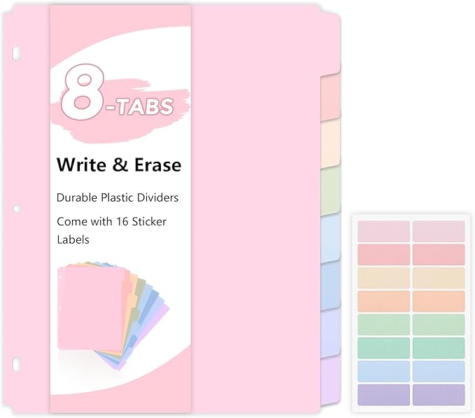 SKYDUE Durable Plastic 8-Tab Dividers, Big Tab Dividers for 3 Ring Binder, Write & Erase 3 Ring Binder Dividers with Tabs, with Sticker Labels, 1 Set, Pastel Color