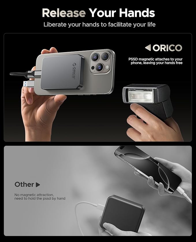 ORICO 4TB Magnetic Portable SSD, Metal Body, 4K 120 fps ProRes HDR Record and Store, Up to 460MB/s, USB C&A 2 in 1 Cable, External SSD Compatible with iPhone 16 Pro Max, Tablet, Computer - K5PLUS