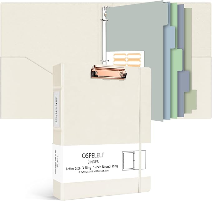 Ospelelf 3 Ring Binder 1 Inch Vintage Hardcover, Leather Organizer for Letter Size, Professional Clipboard With Dividers and Tabs, Beige