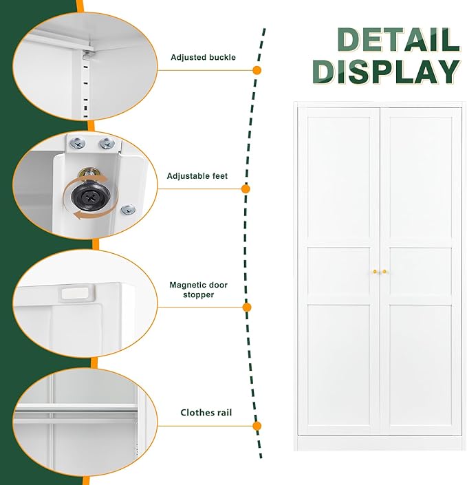 Letaya Wardrobe Armoire Closet,72" H Metal Storage Cabinet with Adjustable Shelves and Hanging Rod,Bedroom Armoire Cabinet Clothes Organizer (White)