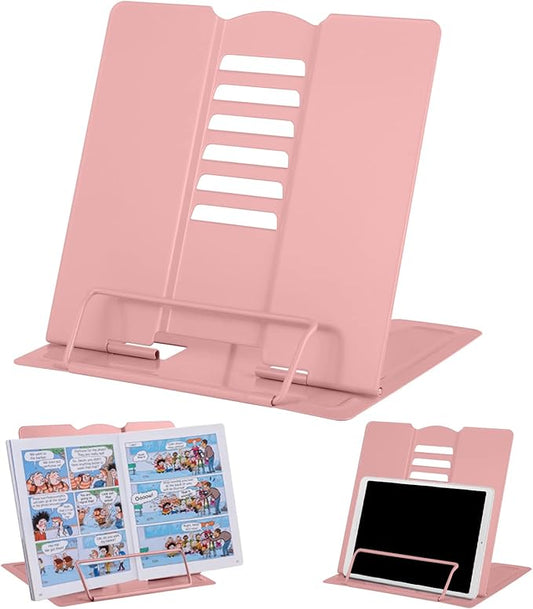 MSDADA Desk Book Stand Holder for Reading, Adjustable Cookbook Stand,Metal Reading Stand for Textbooks Recipes Music Books Tablet, Gifts for Kids Girls 8-12 (Morandi Pink)