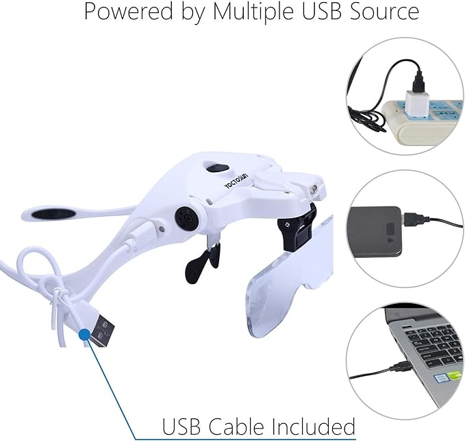 YOCTOSUN LED Head Magnifier, Rechargeable Hands Free Headband Magnifying Glasses with 2 Led, Professional Jeweler's Loupe Light Bracket and Headband are Interchangeable