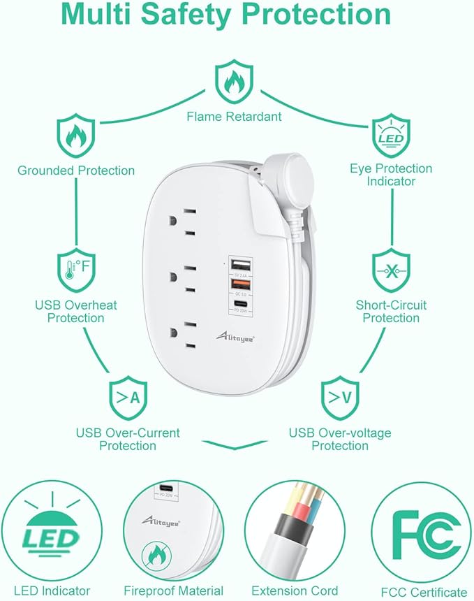 Alitayee 20W USB C Power Strip with 3 Outlets and USB C Fast Charging for iPhone, QC 3.0 Charger, Flat Plug and 3ft Wrapped Around Extension Cord for Cruise Travel Home Office Dorm