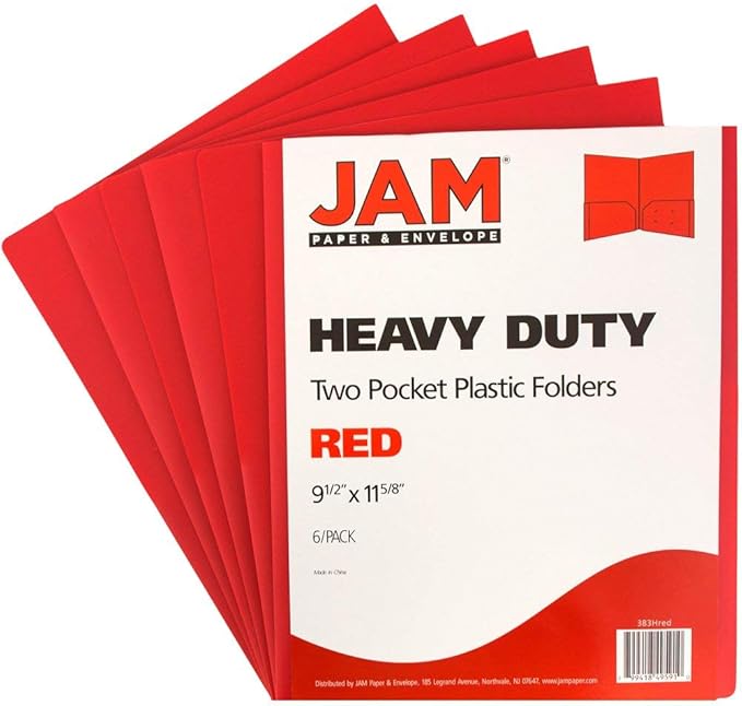 JAM PAPER Heavy Duty Plastic 2 Pocket Extra Tough School Folders - Red - 6/Pack