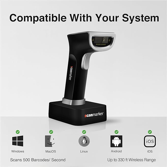 Scanmarker 1D/2D Wireless Barcode Scanner – Boost Speed & Accuracy with Bluetooth & 2.4G Modes – Handheld QR Code Scanner with Charging Stand for Easy scanning on Laptop, iOS & Android