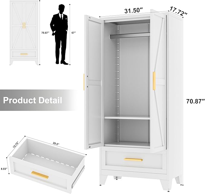 Metal Wardrobe Cabinet,71 Armoire Wardrobe Closet with Drawers and Hanging Rod,Metal Armoire with Adjustable Shelves for Closet,Bedroom,Farmhouse Storage Cabinet with Drawer(White)