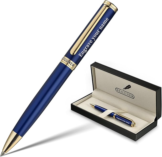 BEILUNER Personalized Blue Lacquer Gel Pen - Stunning Luxury Pen with 24K Gold Finish, ADMOK Black Refill, Executive Gift Set for Family & Friends, Writing, Fancy, Office, Retractable Pens