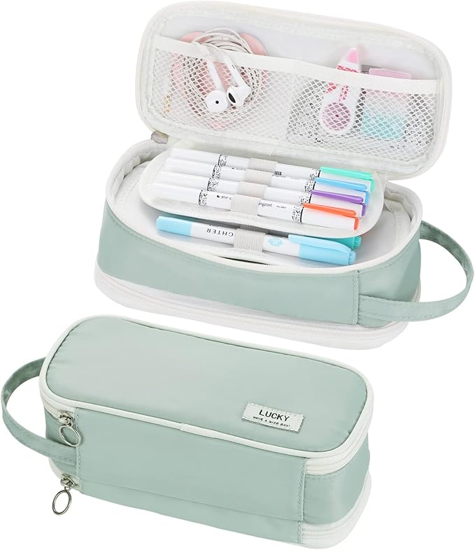 Dugio Big Pencil Case for Girls Teens Kids Zipper Pencil Pouch with Handle Organizer Pencil Bag Aesthetic Pencil Box for School Green