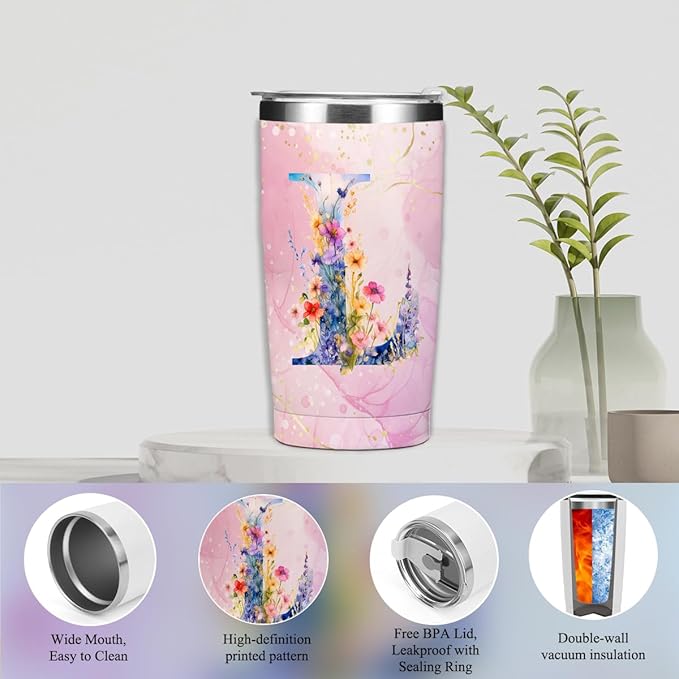 Personalized Gifts Monogrammed Birthday Gifts for Women, Mama New Mom Thanksgiving Wedding Christmas Initial 20 oz Tumbler, Makeup Bag Cup Pens Journal Notebook 6 Set, (Aesthetic Pink Flower L)