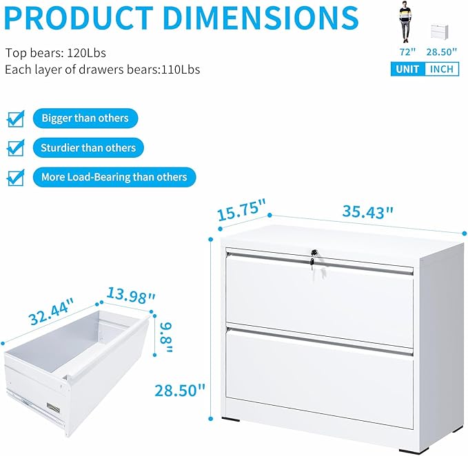 2 Drawer Lateral File Cabinet with Lock, Metal Lateral Filing Cabinet for Home Office, Steel Wide Horizontal Filing Cabinets for Letter/Legal/A4/F4 Hanging Files (White)