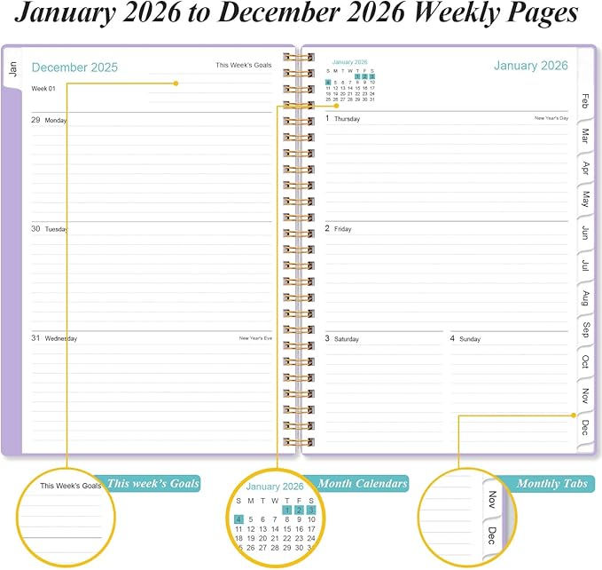 2026 Planner - Weekly and Monthly Calendar Planner from Jan 2026 - Dec 2026, Planner 2026 Spiral Bound with 12 Monthly Tabs, Inner Pocket, Perfect for School Office Supplies, 6.4" x 8.5", Purple