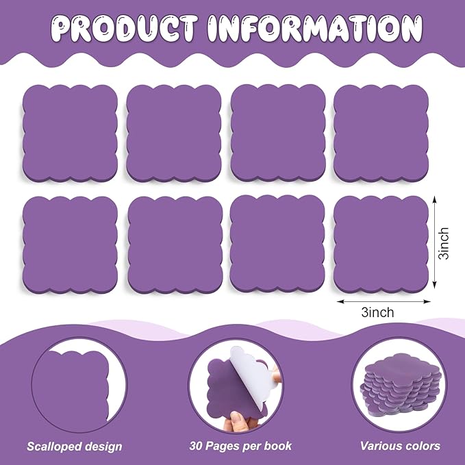 Eaasty 8 Pack Scalloped Sticky Notes Bulk Christmas Cute Self Sticky Note Pads Multi Color Bright Vintage Note Pads or School Office Supplies 240 Sheet(3" X 3",Purple)