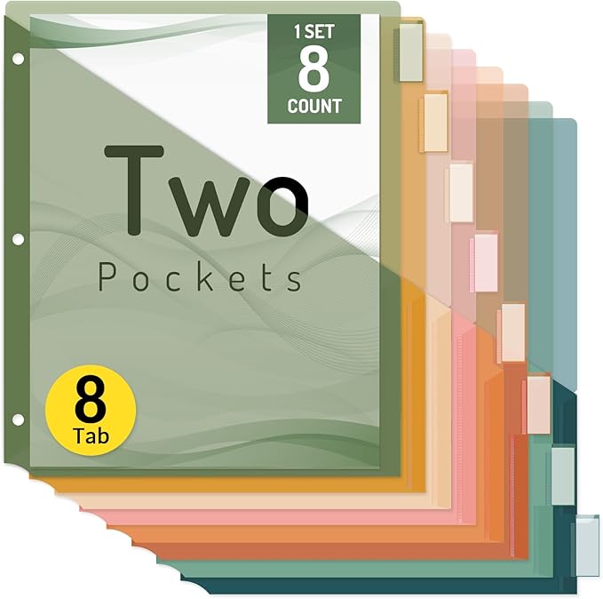 Forvencer 8 Count Dividers with Two Pockets, 8 tabs Binder Dividers for 3 Ring Binder Organizer, Multicolor, 1 Set