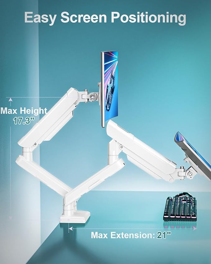 Dual Monitor Mount for 2 Monitors up to 32 inches, Height Adjustable Gas Spring Double Monitor Stand, Two Display Desk Mount Holder, Each Monitor Arm Holds Max 22lbs, VESA Mount, White, Freelift Pro